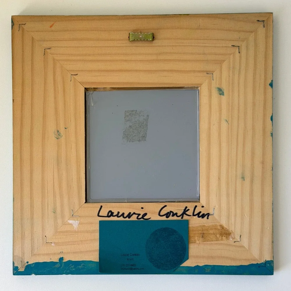 Vintage Hand Painted Square Mirror 12x12 Laurie‎ Conklin Blue Folk Art Abstract
